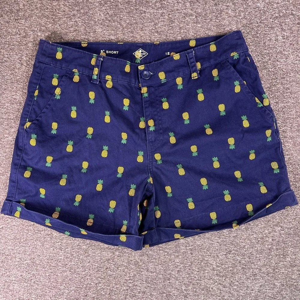 St. Johns Bay Chino Shorts Womens 12 Navy‎ Pineapple Summer Casual Cuffed 34x4